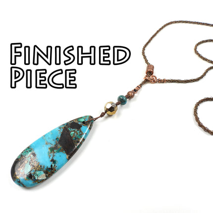 KIT Y Knot Lariat Necklace, moody turquoise, blue colors, antique brass tone, adjustable clasp, designer Irina Miech