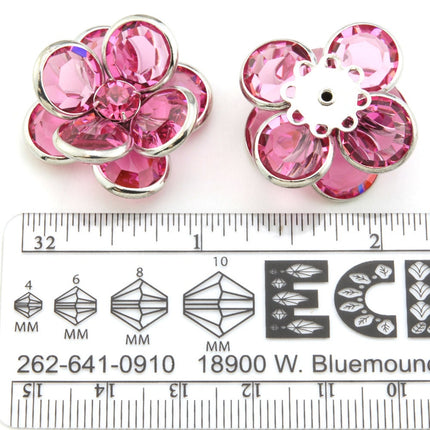 Vintage Swarovski Flower Component, Large Rose Crystal Multihole Finding, Pink Floral Focal Point, 28mm
