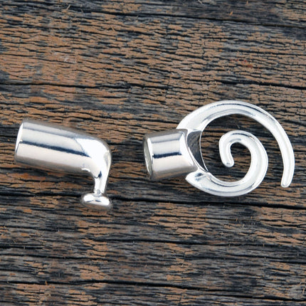 2 sets leather cord spiral clasp component, two part silver tone modern chic design, 6mm opening glue in finding, Irina Miech