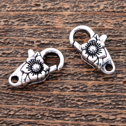 2 pcs lobster claw clasps with floral designs, silver finish flowers 24mm, Irina Miech