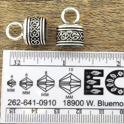 2 pcs silver tone leather end caps with loop, glue in caps, scroll designs, kumihimo licorice leather components, 18mm, Irina Miech