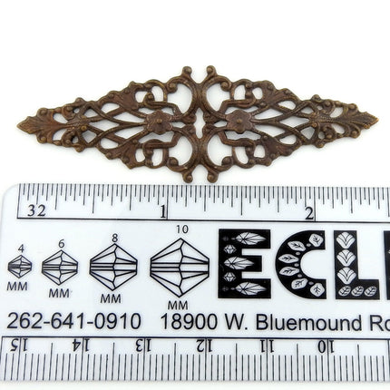 Long vintage brass stamping filigree component, multihole antiqued brass focal point, 64mm, Irina Miech