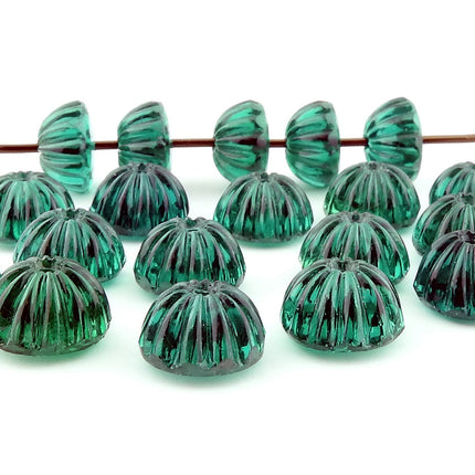 20 pcs vintage German flatback domed flower beads, transparent emerald green glass, 10mm