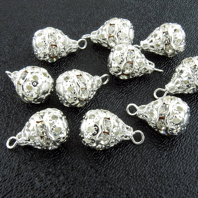 10 pcs silver tone rhinestone drops, vintage German clear crystal 15mm x 8mm filigree teardrop charms, Irina Miech