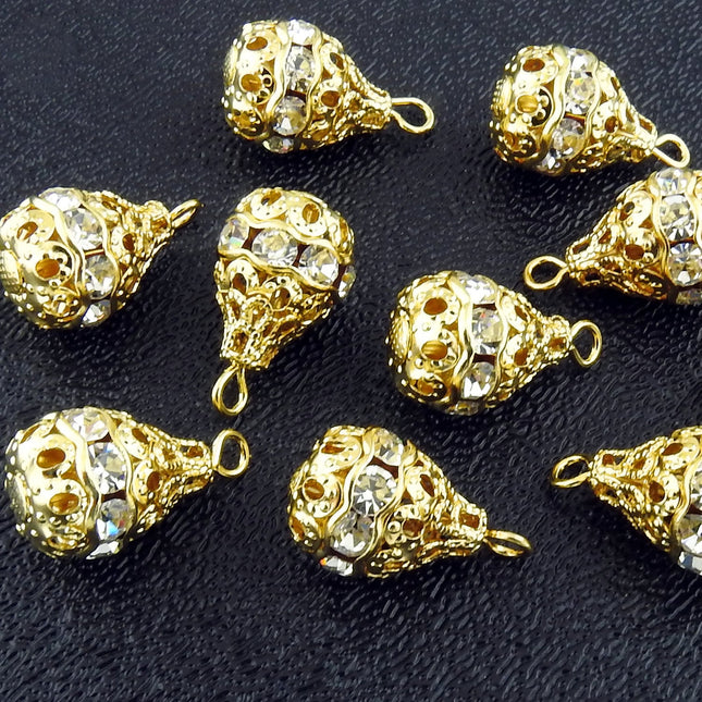 10 pcs large gold tone rhinestone drops, vintage German clear crystal 17mm x 10mm filigree teardrop charms, Irina Miech