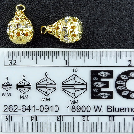 10 pcs large gold tone rhinestone drops, vintage German clear crystal 17mm x 10mm filigree teardrop charms, Irina Miech