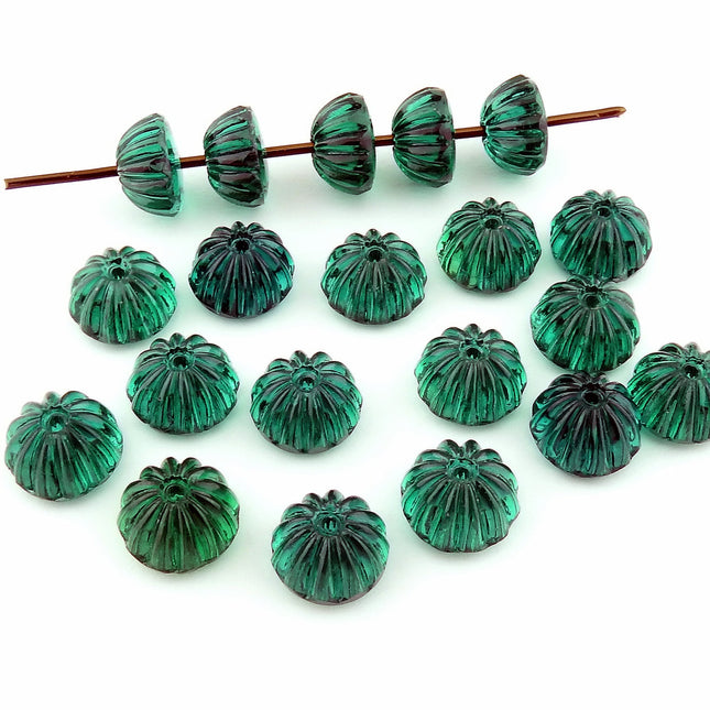 20 pcs vintage German flatback domed flower beads, transparent emerald green glass, 10mm