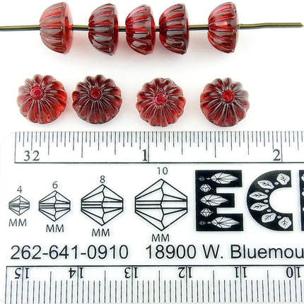 20 pcs vintage German flatback domed flower beads, transparent dark red glass, 10mm