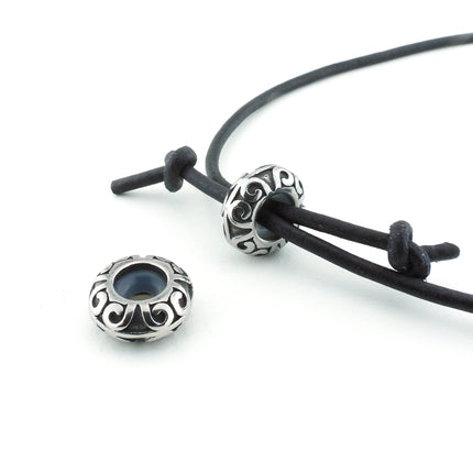2 pcs antique silver smart beads, stainless steel rondelle with silicone insert, great for leather cord, 11mm