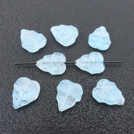 8 pcs light blue leaf beads, aqua color vintage German marble glass, 16mm