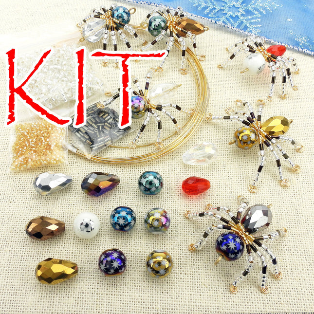 KIT Christmas Spider Ornaments, faceted glass beads, gold tone, snowflake beads, Christmas tree decoration, Irina Miech