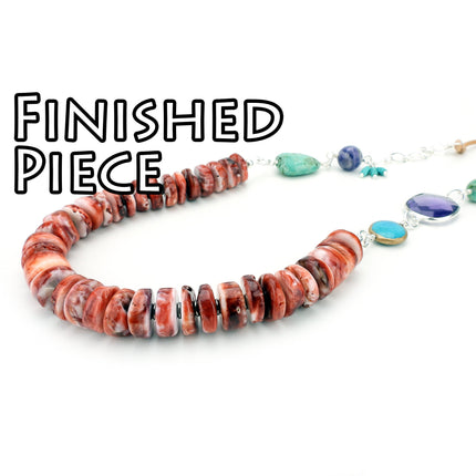 KIT Red spiny oyster necklace with turquoise and amethyst beads, mixed stones, leather cord, designer Irina Miech