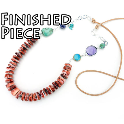 KIT Red spiny oyster necklace with turquoise and amethyst beads, mixed stones, leather cord, designer Irina Miech