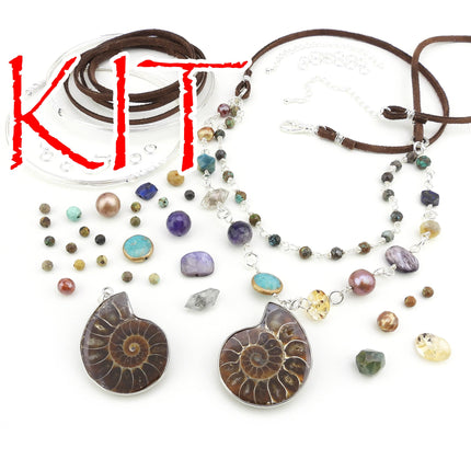 KIT two strand ammonite necklace, assorted gemstone beads, fossil pendant, silvertone, adjustable clasp, suede cord, designer Irina Miech