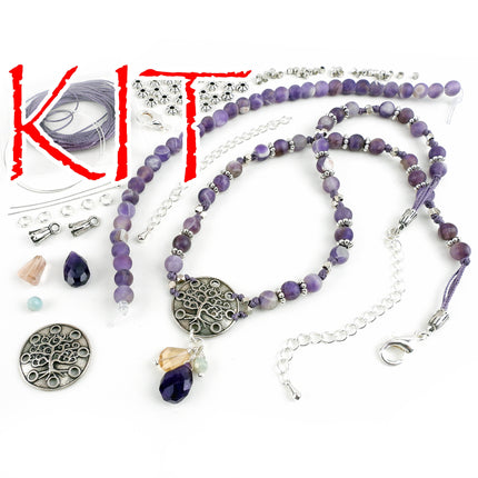 KIT Knotted Tree Necklace with chevron amethyst semiprecious stone beads, purple and silvertone, designer Irina Miech