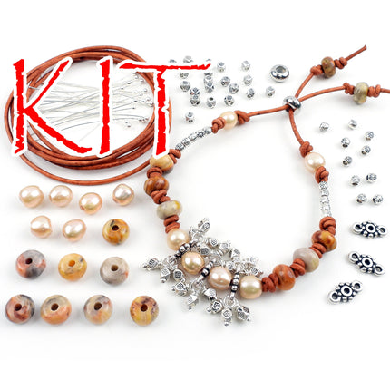 KIT Southwestern style leather bracelet with gemstone beads, silver tone, crazy lace agate and pearls, designer Irina Miech