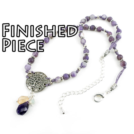 KIT Knotted Tree Necklace with chevron amethyst semiprecious stone beads, purple and silvertone, designer Irina Miech