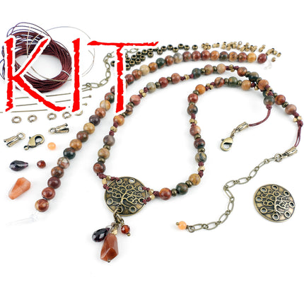 KIT Knotted Tree Necklace with red creek jasper semiprecious stone beads, fall colors and brass tone, designer Irina Miech