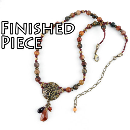 KIT Knotted Tree Necklace with red creek jasper semiprecious stone beads, fall colors and brass tone, designer Irina Miech