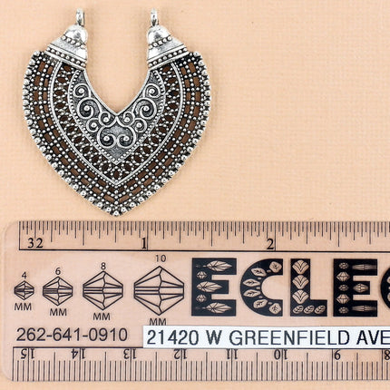 Large silver filigree pendant, two hole antiqued silver plated base metal, flat teardrop shape, Irina Miech, 38mm