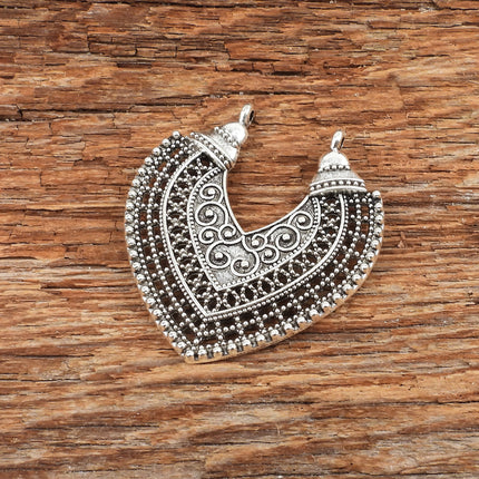 Large silver filigree pendant, two hole antiqued silver plated base metal, flat teardrop shape, Irina Miech, 38mm
