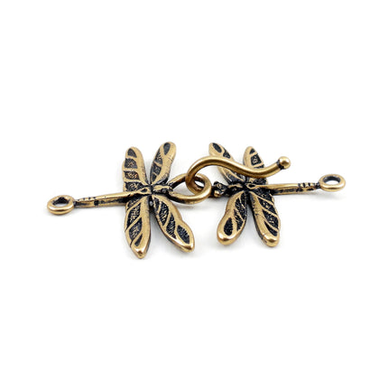 2 part hook clasp, antique brass dragonfly designs, 40mm x 21mm, Irina Miech