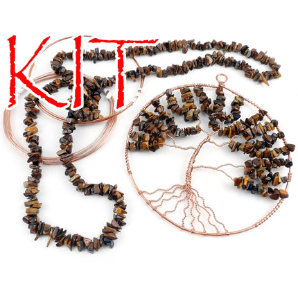 KIT Tree of Life suncatcher, copper wire and brown tiger eye chips beads, creative wirework, DIY sun catchers, designer Irina Miech
