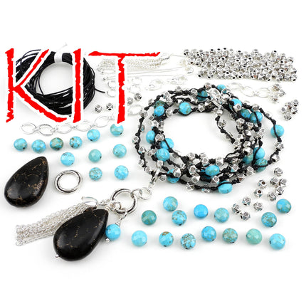 KIT knotted gemstone necklace or bracelet, four in one design, blue and black colors, silver tones, designer Irina Miech