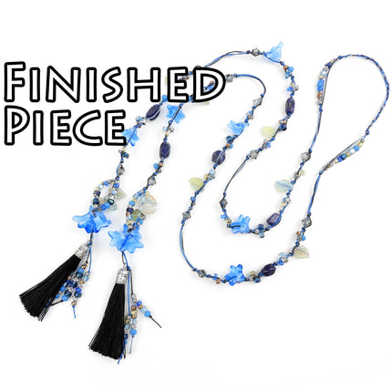 KIT Flower and leaf knotted lariat necklace with assorted glass beads, blue colors, tassels, silvertone, designer Irina Miech
