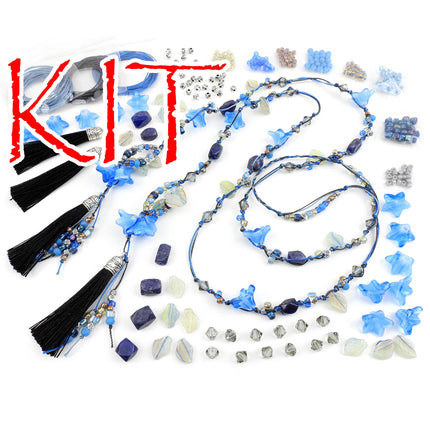 KIT Flower and leaf knotted lariat necklace with assorted glass beads, blue colors, tassels, silvertone, designer Irina Miech