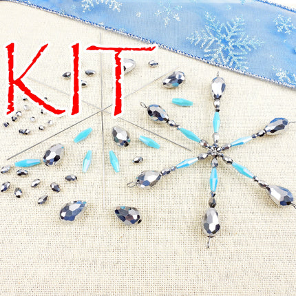 KIT Snowflake ornament, sparkling glass beads, blue and silver tones, Christmas tree decoration, Irina Miech