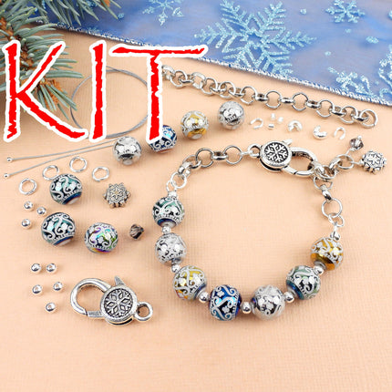 KIT Holiday beaded bracelet, silver tone, snowflake motif, adjustable clasp, designer Irina Miech