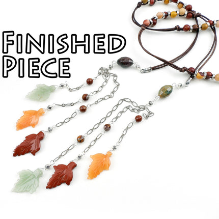 KIT Fall leaves lariat necklace, assorted gemstone beads, leather, green, red, peach, pink, and silver tones, designer Irina Miech