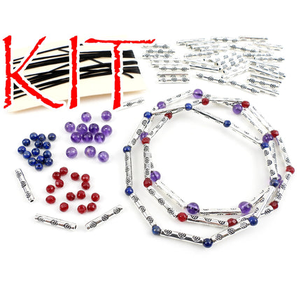KIT Stretchy stackable bracelets with Hill Tribe style beads, silver tone, lapis, amethyst, and dyed jade stone, designer Irina Miech