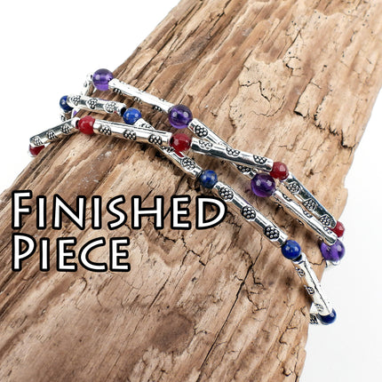 KIT Stretchy stackable bracelets with Hill Tribe style beads, silver tone, lapis, amethyst, and dyed jade stone, designer Irina Miech