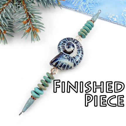 KIT Caribbean Icicle ornament, Swarovski rhinestones, silver tones, blue ceramic shell, tree decoration, designer Irina Miech