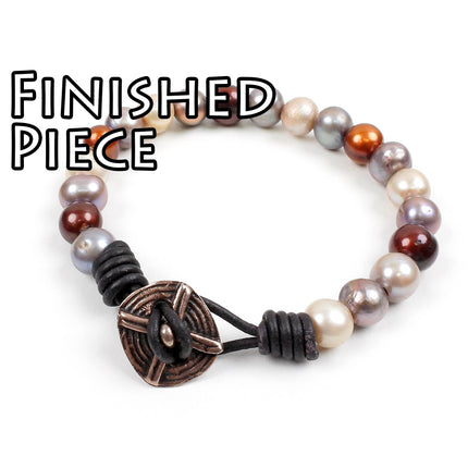 KIT assorted color freshwater pearls and black leather knotted bracelet with button clasp, copper tones, designer Irina Miech