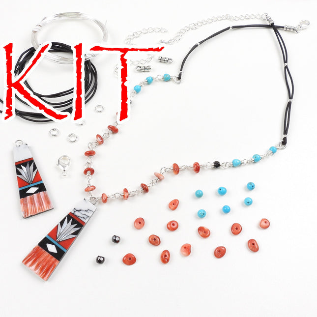 KIT Inlay pendant necklace, Southwest colors, orange spiny oyster beads, yucca blossom, silver tones, adjustable clasp, designer Irina Miech