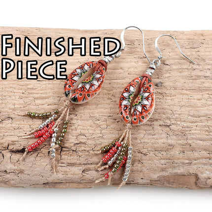 KIT Floral cowrie shell tassel earrings, silver tone, leather, red flower beads, designer Irina Miech