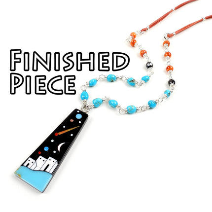 KIT Inlay pendant necklace with Southwest colors, night sky, blue turquoise beads, silver tones, adjustable clasp, designer Irina Miech