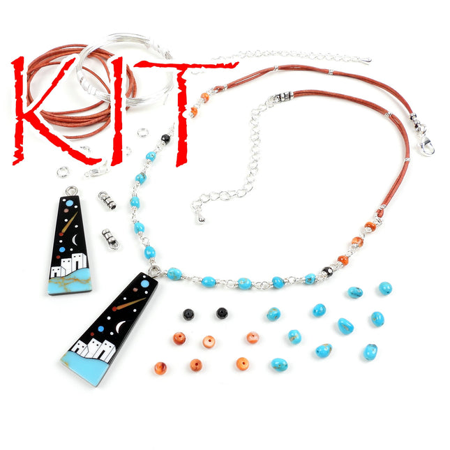 KIT Inlay pendant necklace with Southwest colors, night sky, blue turquoise beads, silver tones, adjustable clasp, designer Irina Miech