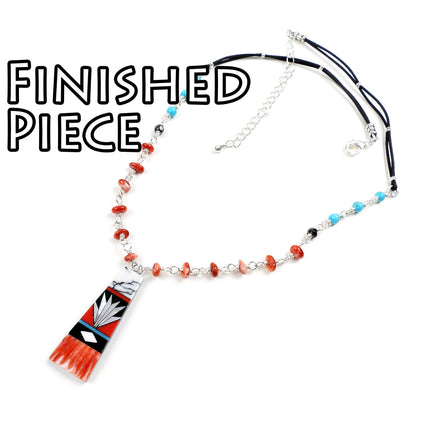 KIT Inlay pendant necklace, Southwest colors, orange spiny oyster beads, yucca blossom, silver tones, adjustable clasp, designer Irina Miech