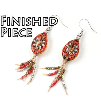 KIT Floral cowrie shell tassel earrings, silver tone, leather, red flower beads, designer Irina Miech