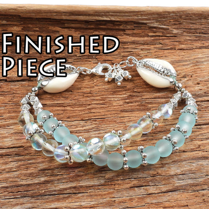 KIT Two strand ocean inspired bracelet, cowrie shells and matte glass beads, antiqued silver tone, adjustable clasp, designer Irina Miech