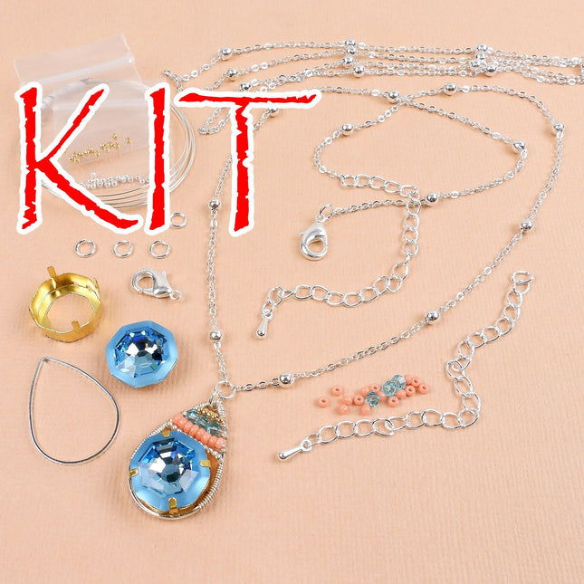 KIT Prong setting crystal necklace with silver tone chain, wirework teardrop shape, pastel colors, designer Irina Miech