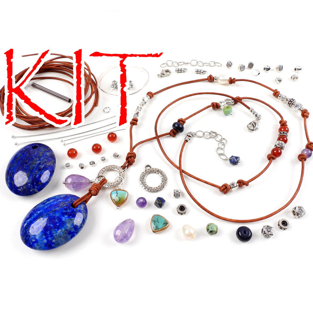 KIT lapis and leather necklace, blue and brown colors, silver tone, assorted gemstones, adjustable clasp, designer Irina Miech
