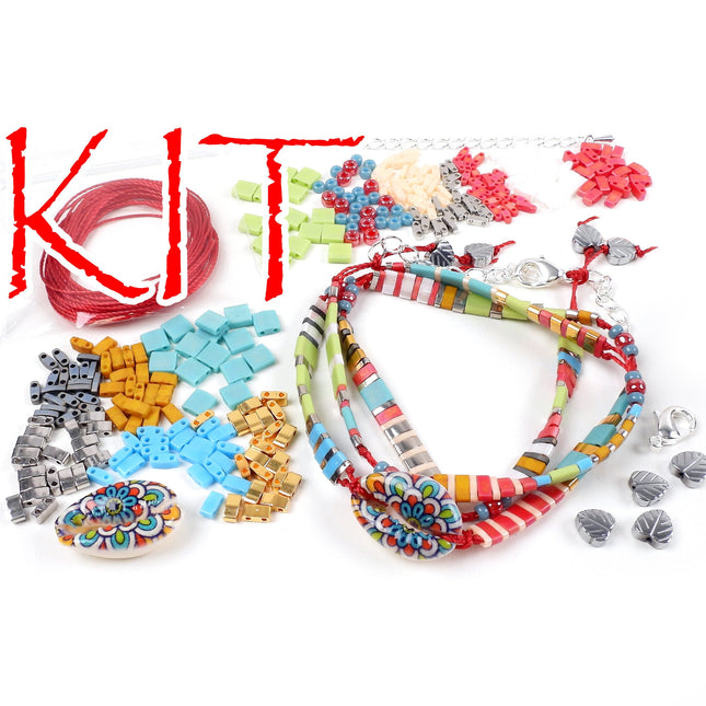 KIT cowrie shell wrap bracelet with glass beads, red and blue colors, silver tones, designer Irina Miech