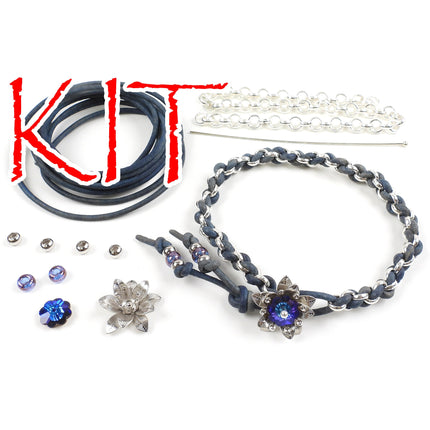 KIT leather and chain braided bracelet with blue Swarovski crystal flower clasp, blue leather, silvertone, designer Irina Miech