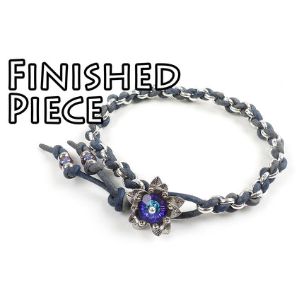 KIT leather and chain braided bracelet with blue Swarovski crystal flower clasp, blue leather, silvertone, designer Irina Miech