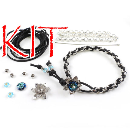 KIT leather and chain braided bracelet with blue Swarovski crystal flower clasp, black leather, silvertone, designer Irina Miech
